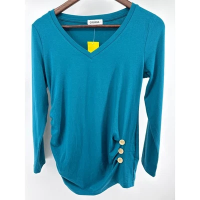 Ginkana Teal V Neck Long Sleeve Side Button Ruched Maternity Top M - Image 1 of 4