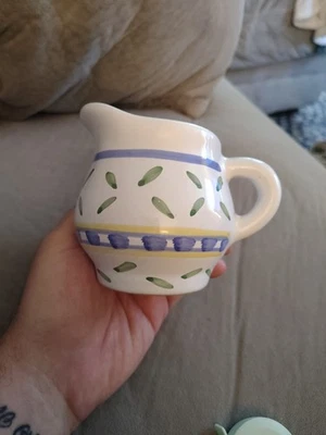 Williams Sonoma Yellow Blue Green Hand Painted Pitcher Creamer Italy 3.5" Tall - Image 1 of 4