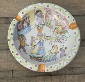 Vintage V Pinto Vietri Italia Clay Pottery Ashtray Trinket Dish Village Scene 5” - Picture 1 of 5