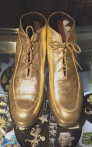 Vintage 1970s Bruno Magli Gold Leather Lace Up Booties Made in Italy 6.5 - Picture 1 of 5