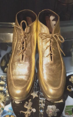 Vintage 1970s Bruno Magli Gold Leather Lace Up Booties Made in Italy 6.5 - Image 1 of 4