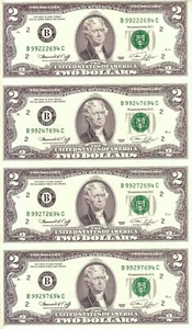RARE UNCUT SHEET 4 GEM  1976 NEW YORK (B) $2 NOTES! LOWEST PRICE!  PERFECT GIFT! - Imagen 1 de 3