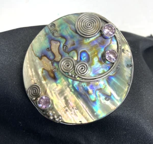 925 Silber und Abalone runder Anhänger mit 3 Amethyst besetzten Steinen - Bild 1 von 20