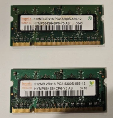 1GB Kit (2x512MB) DDR2 Hynix 2RX16 PC2-5300S HYMP564S64BP6-Y5 Laptop RAM SODIMM - Image 1 of 2