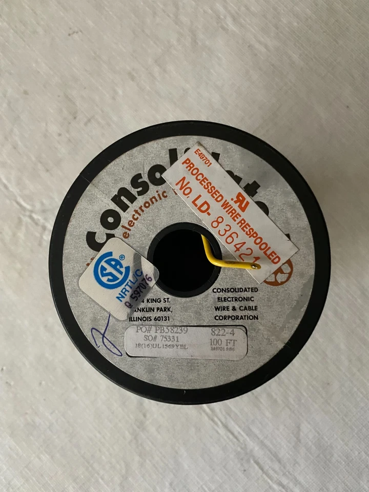 100' Reel Consolidated Wire 18GA Stranded Hookup Wire, Yellow Insulated, 300v - Image 1 of 2