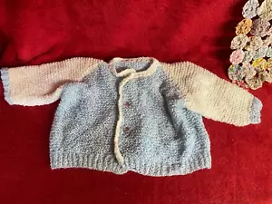 Hand Knitted Baby Sweater with Snap Fastener Baby Blue and White - Picture 1 of 3