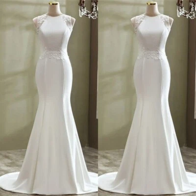 Elegant Mermaid Wedding Dresses Sleeveless Lace Appliques Satin Bridal Gown - Image 1 of 4