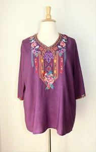 NWT LAURA KLEIN Casual BOHO Tunic Top 3/4 Sl. Purple / Embroidered ~ Sz. 3XL #03 - Picture 1 of 10