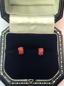 Coral Earrings 9ct Yellow Gold Vintage Coral Cabochon Stud Earrings - Picture 1 of 14