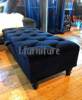 Ottoman Pouffe Wooden Chesterfield Velvet Footstool Box With Storage - Black - Image 1 of 4