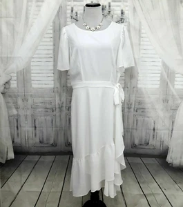 Alex Marie Size 12 Dress Solid White Flutter Sleeve Faux Wrap Modest Belted B38 - Picture 1 of 12