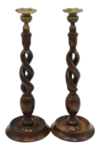 Antique English Barley Twist Oak Wood and Brass Candlesticks - Picture 1 of 11