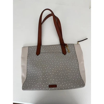 Bolso de Mano Fossil Rachel Gris Blanco Marrón Lunares Cremallera Top Llave Dije Vegano Foto 1 de 4