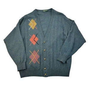 Vintage Lyle and Scott Argyle Patterned Knit Wool Cardigan 100% Lambswool XL - Picture 1 of 20