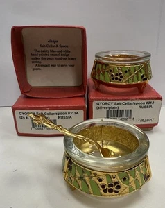 2 Vintage Boxed Russia Gyorgy Salt-Cellar/Spoon 24k Gold Silver Plate Enameled - Picture 1 of 14