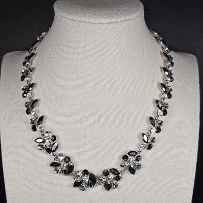 Silver Tone CRYSTAL COLLAR NECKLACE with Black and Clear CRYSTALS 17" Adjustable - Image 1 of 4