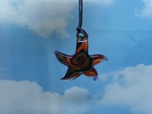 Vintage Jewelry Murano style Art glass STARFISH ORANGE/BLACK SWRIL NECKLACE - Picture 1 of 2