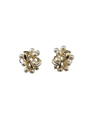 14K Yellow Gold Pearl and Diamond Cluster Omega Back Earrings #23568 - Image 1 of 4