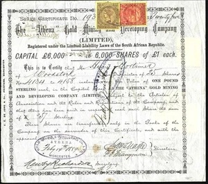 Cape of Good Hope 1889 ATHENA GOLD MINING Stock Shares Certificate w/ 6 Revenues - Picture 1 of 2