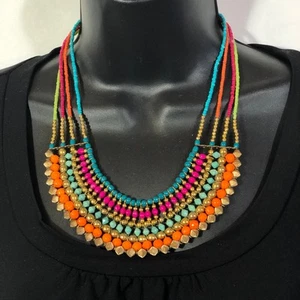 Bohemian Style Bib Necklace Bright Colors Gold Tone Handcrafted Orange Blue Pink - Picture 1 of 8