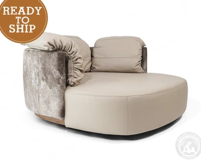 Round Leather Swivel Cowhide Loveseat Sofa – Rustic Western Modern Design - Image 1 of 4