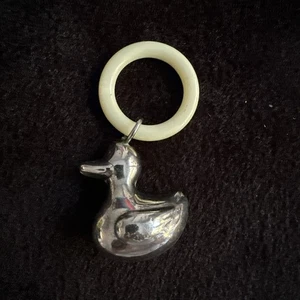Vintage Silver Plated Duck Baby Rattle with Plastic Teething Ring 1940s - Picture 1 of 5