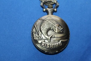 FISHING POCKET WATCH ON CHAIN WITH EMBOSSED FISH - Picture 1 of 2