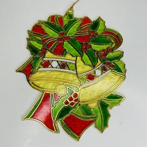 Vtg Plastic Christmas Suncatcher Bells Holly Stained Glass Window Decor 7 1/4x9" - Picture 1 of 4