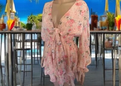 🌸ANGEL BIBA Soft Peach Floral V front Tie Long Sleeve Ruffle Lined Dress-8 - image 1 of 4