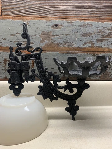 Victorian 1800’s Goth Ornate Cast Iron Wall Bracket Kerosene Oil Lamp Swing Arm Cover