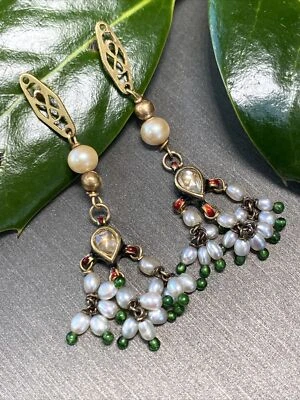 14K Gold Sapphire Seed Pearl Enamel Drop Fringe Earrings Estate Fine Jewelry - Изображение 1 из 4