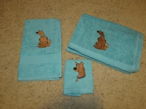 NWOT Essential Home 3 Pc Aqua Turquoise Scooby Doo Handmade Embroidered Towels - Picture 1 of 5