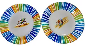 222 FIFTH BEACH STRIPES Beach Chair Flip Flops Dinner Plate Set Of 2 - Picture 1 of 11