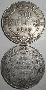 Medio dólar de Terranova 1919, medio dólar canadiense 1917, venta inmobiliaria, envío gratuito - Imagen 1 de 2