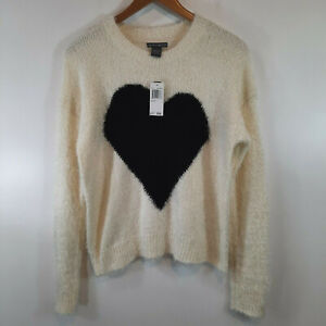 Chelsea & Theodore Womens Fuzzy Sweater Large Cream Ivory Black Heart Long Sleev