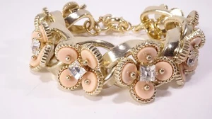 J.Crew Women's Brass Enamel Crystal Flower Link Bracelet NWOT 115 Cream - Picture 1 of 7