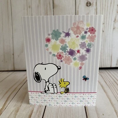 Snoopy + Woodstock Looking At Floral Heart Butterfly Blank Card Keep In Touch - Image 1 of 4