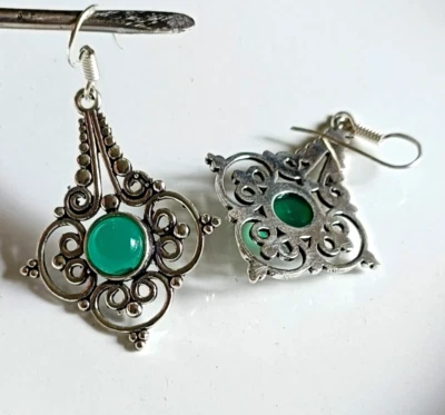 Oxidized Vintage 925 Silver Plated Earring Pair Natural Green Onyx Loose Stone - Image 1 of 2