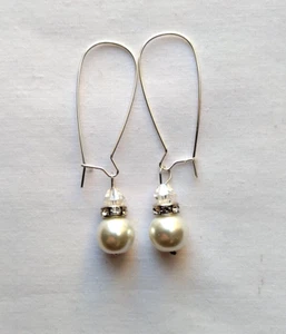 Clear Crystal White Glass Bead Dangle Earrings Silver Tone Kidney Wire Boho Chic - Picture 1 of 3