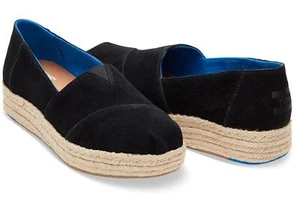 TOMS Espadrille Platform Alpargatas Black Suede Loafers Ballerina Women - Picture 1 of 8