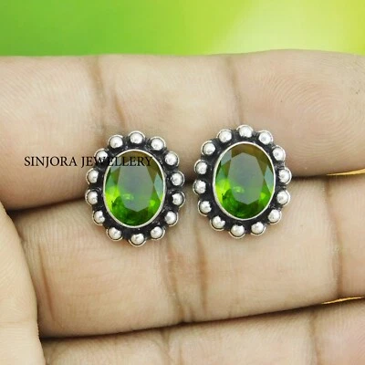 Peridot Gemstone 925 Sterling Silver Handmade Jewellery Stud Earrings - Image 1 of 4