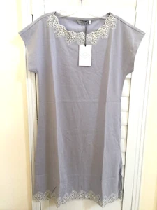 FRETTE Women Sz S Dove Gray Pajama Lace Gown Sleepwear Short Sleeve 100% Cotton - Picture 1 of 12