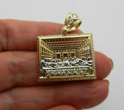 Solid 10k Two Tone Gold Last Supper Filigree Religious Charm Pendant with Stones - Image 1 of 4