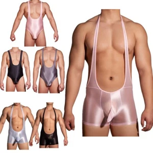 Mens Oil Silk Glossy Bodysuit Bulge Pouch Jumpsuit Leotard Wrestling Singlet - Picture 1 of 71
