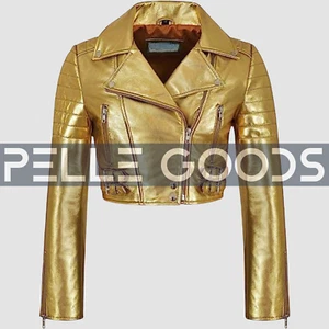Women’s Gold Metallic Leather Jacket – Zip Up Biker Moto Style Cropped Coat - Picture 1 of 5