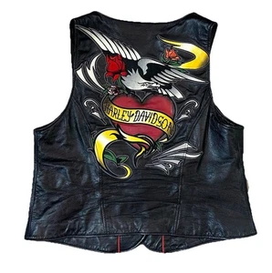 Harley Davidson Embroidered Heart Eagle Roses Leather Vest Womens Sz  Large - Picture 1 of 14