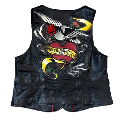 Harley Davidson Embroidered Heart Eagle Roses Leather Vest Womens Sz  Large - Image 1 of 4