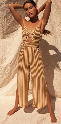 NWT ANTHROPOLOGIE MOON RIVER CUT OUT MUSTARD OPEN LEG JUMPSUIT ROMPER STRIPED S - Image 1 of 4