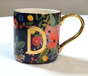 Rifle Paper Co Anthropologie Colorful Floral Coffee Mug Cup Gold Monogram “D" - Picture 1 of 5