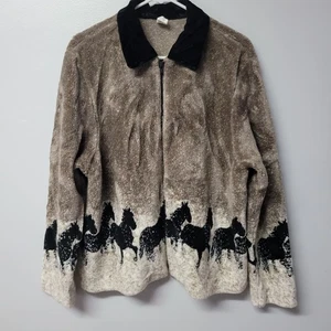 Mujer XLarge Chaqueta de Vellón Difuso con Cremallera Estampado de Caballos Cuello Negro Hecha en EE. UU. 4 lb - Imagen 1 de 7
